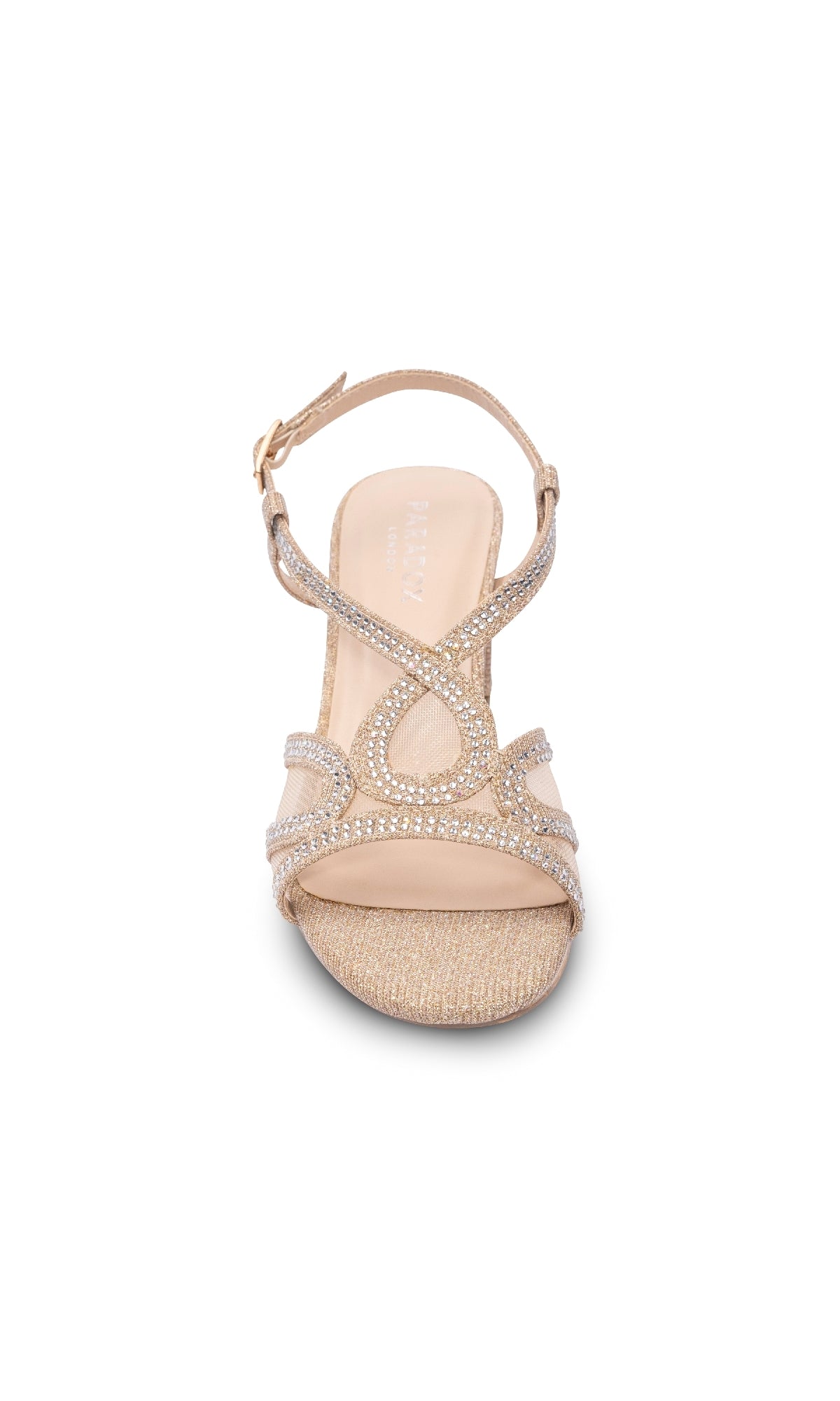 The Ingrid Champagne Prom Shoes by Paradox London (P2304) are gold open-toe sandals featuring rhinestone embellishments, low heels, and a buckle ankle strap—ideal as glitter prom shoes—displayed front view on a white background.
